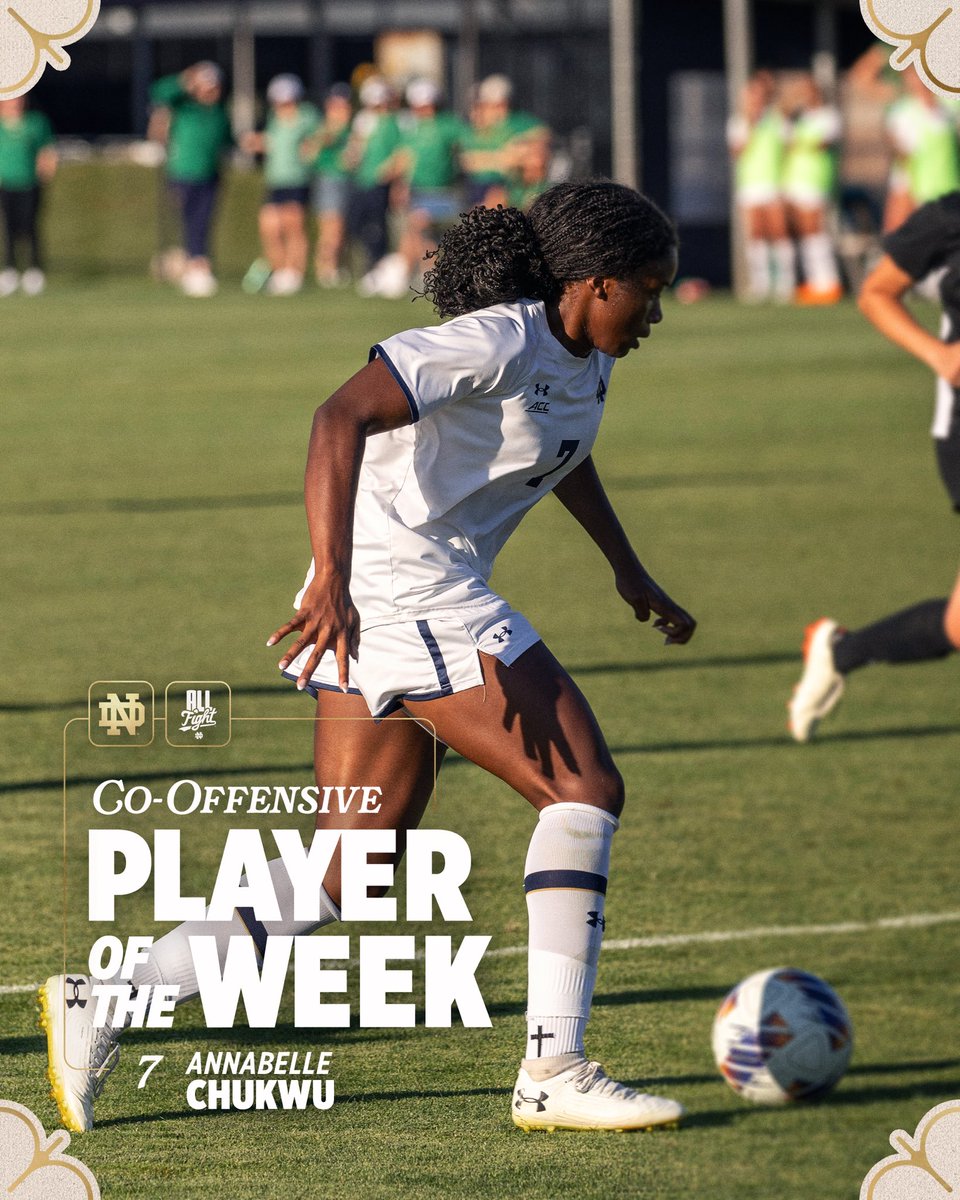 NDSoccer's tweet photo. 𝐀𝐂𝐂 𝐂𝐨-𝐎𝐟𝐟𝐞𝐧𝐬𝐢𝐯𝐞 𝐏𝐥𝐚𝐲𝐞𝐫 𝐨𝐟 𝐭𝐡𝐞 𝐖𝐞𝐞𝐤

With her first career hat trick in the win over MSU, Annabelle Chukwu earns @theACC honors this week! 👏

#GoIrish☘️ https://t.co/B1kcNVHTuK