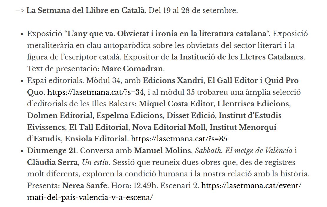 La Setmana del Llibre en Català (agenda setembre CPQ). Recomanem: 
-Exposició L'any que va <a href="/MComadran/">Marc Comadran</a> 
-Edicions Xandri i altres editorials (mòdul 34) i àmplia selecció de les Illes Balears (mòdul 35) <a href="/SBennassar/">sebastia bennassar</a>
-País Valencià. Conversa amb Manuel Molins  collectiuperequart.wordpress.com/agenda-2/