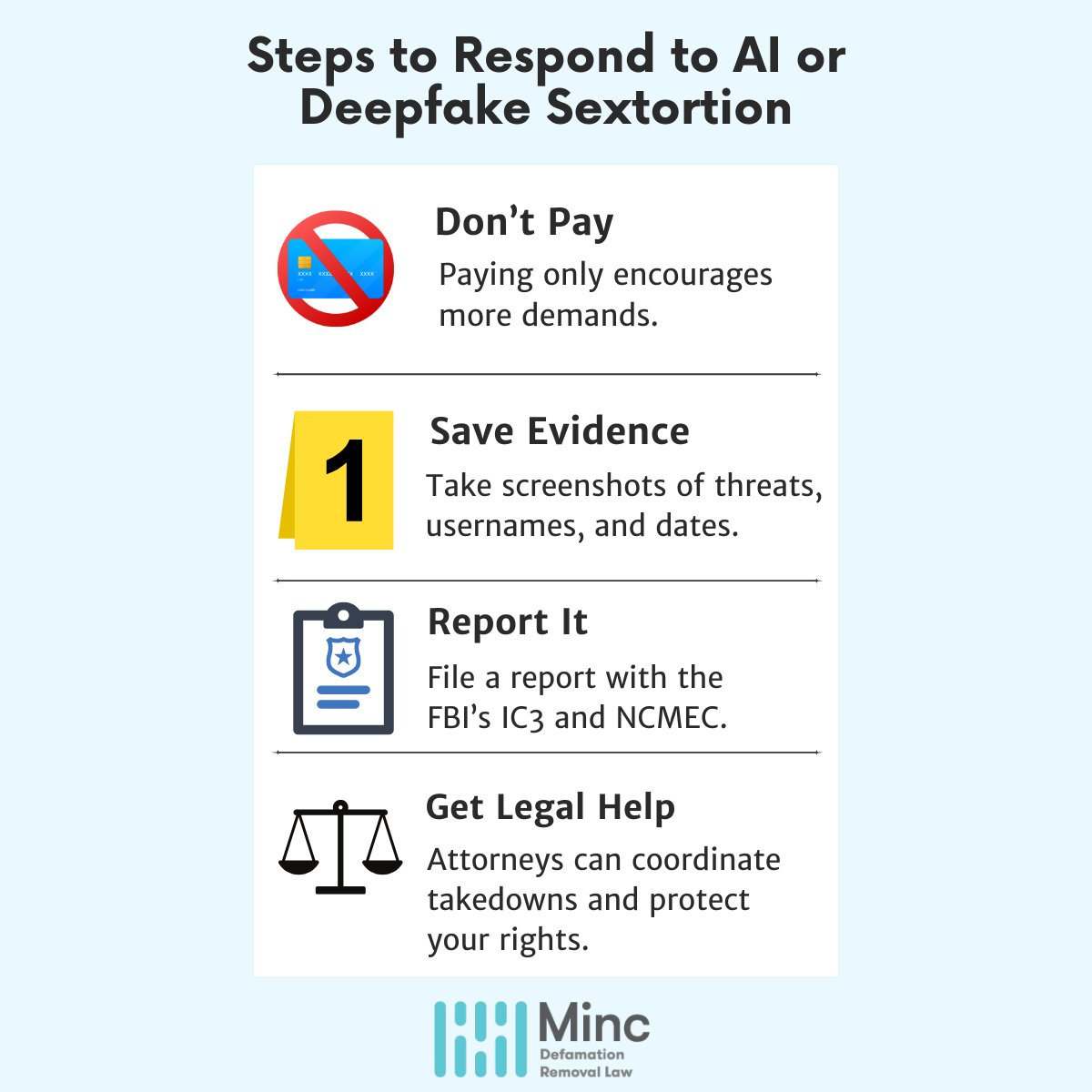 Minc_Law's tweet photo. 🚨 AI sextortion is a rising threat.

Criminals now use deepfakes + AI tools to blackmail victims — even those who never shared private photos.

How it works + how to fight back ⬇️ https://t.co/AzATuyzj5f