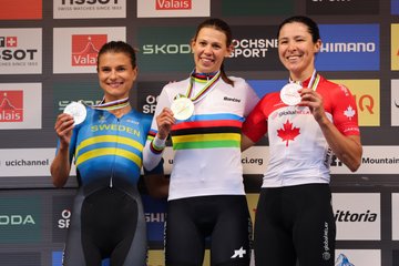 Alessandra Keller, Jenny Rissveds, and Jennifer Jackson stand on a podium wearing cycling uniforms. Alessandra Keller in the center wears a rainbow-striped jersey and holds a gold medal, Jenny Rissveds on the left wears a blue and yellow Swedish jersey with a silver medal, and Jennifer Jackson on the right wears a red and white Canadian jersey with a bronze medal. A backdrop displays logos and text reading "2025 Mountain Bike Championships Valais Switzerland."
