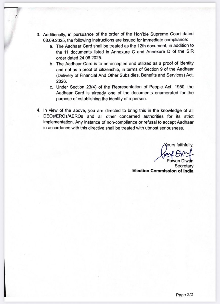 The ECI has issued a press release notifying that Aadhaar will be considered as 12th document in the #BiharSIR