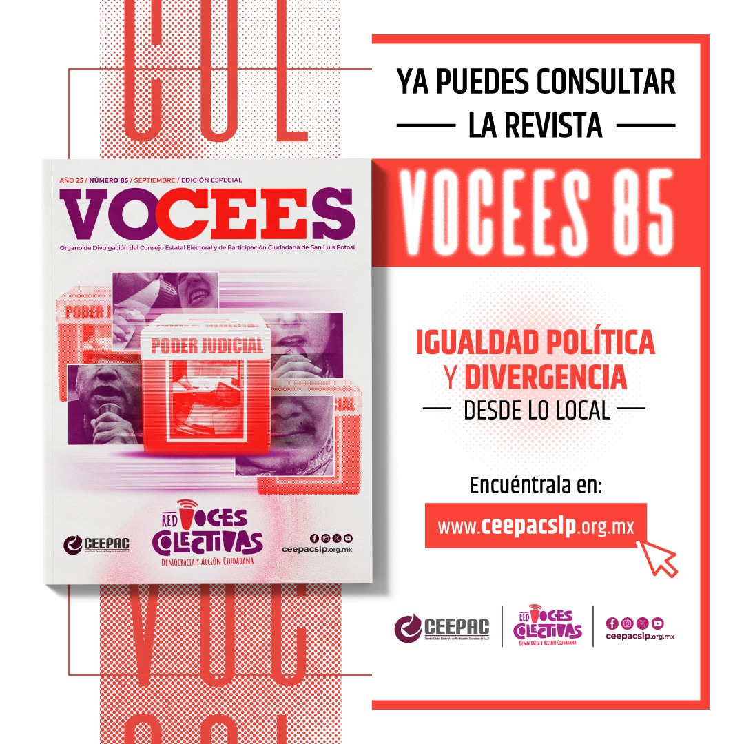 📖✨ Ya está aquí la Revista VOCEES No. 85: Igualdad política y divergencia: desde lo local.
Un número especial con ideas y experiencias sobre participación, igualdad y democracia incluyente en SLP.

👉 acortar.link/Bi6CB3

🌐 ceepacslp.org.mx

#VOCEES #CEEPAC