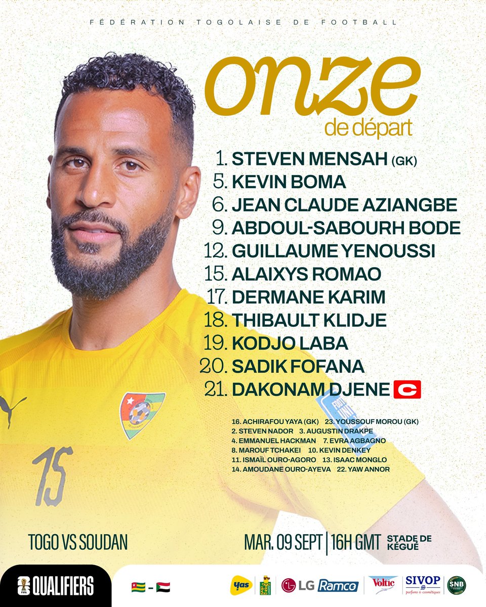 Voici le XI togolais, c'est actuellement la mi-temps au stade de Kégué où Les Éperviers mènent 1-0 (but de Fofana)