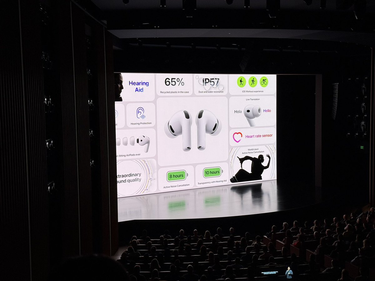 Mrwhosetheboss's tweet photo. AirPods Pro 3 are official: 

-“World’s best active noise cancellation”
-Live translation 
-8hr battery (compared to 6hr)
-IP57 resistance (first time on AirPods)
-Smaller design that fits more ears
-Heart rate sensors for calorie tracking (so you don’t need an Apple Watch anymore…?)

Pretty insane update 👍 
#AppleEvent
