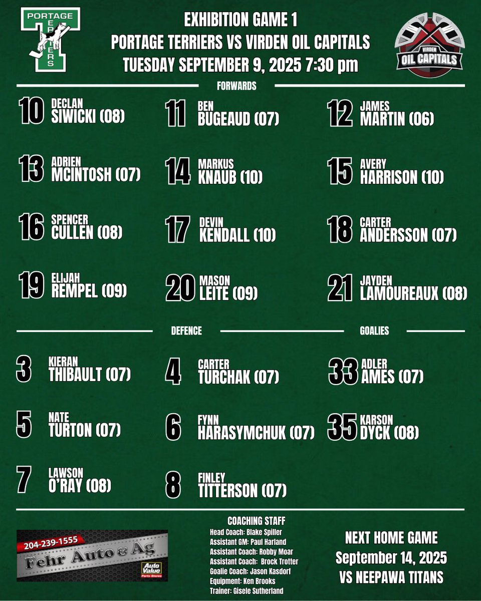 The Portage Terriers hit the ice tonight for the first preseason game of the year! Tonight's #FehrAutoAg Terrier lineup features all rookies! Come out and cheer them on! Tickets are $5 at the door.