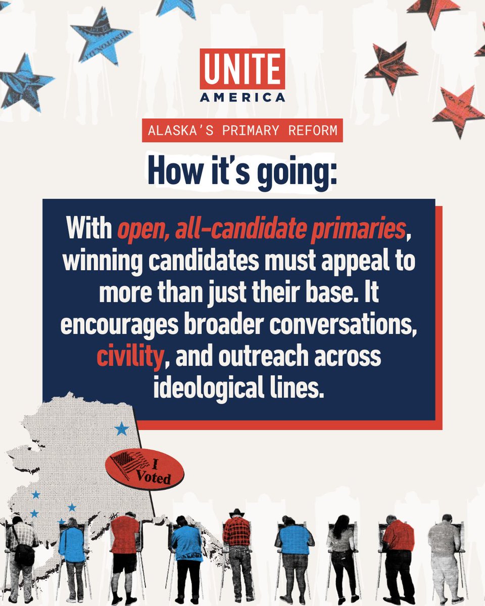 Alaska shows us what’s possible when we ditch the outdated, broken system of closed primaries and adopt open primaries.

As <a href="/Constant4Alaska/">Christopher Constant 🌈</a> writes in the <a href="/adndotcom/">Anchorage Daily News</a>, with closed, low-turnout primaries, “candidates won by appealing to the loudest faction, not by building
