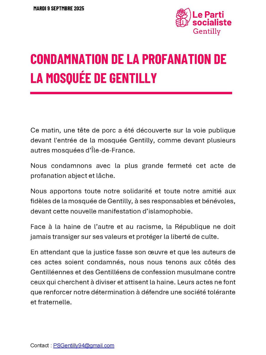 🔴 Communiqué du @psgentilly94 suite à la profanation de la Mosquée de #Gentilly