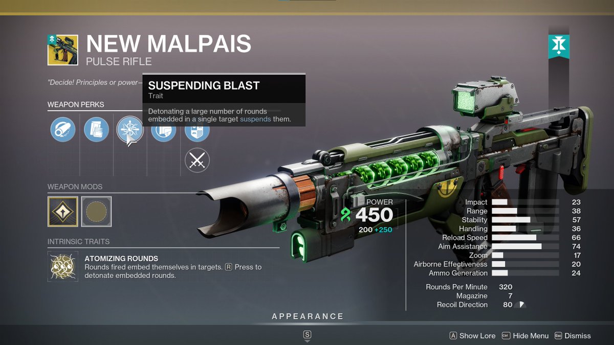 Nova exótica do passe de temporada atual.

Os tiros ficam presos no alvo e são detonados ao recarregar. Detonar vários explosivos em um mesmo alvo causa uma explosão de suspensão.

#Destiny2