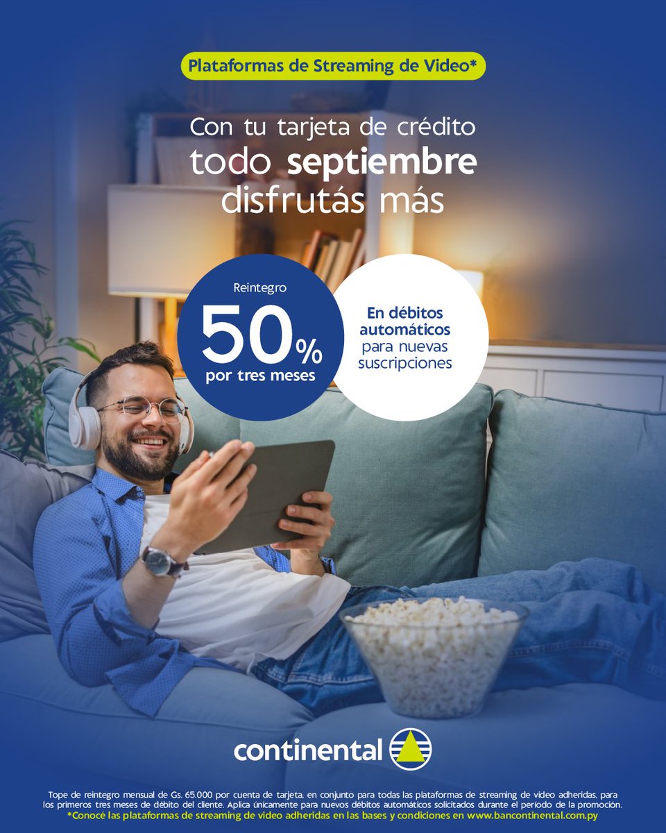 ¡Tus series y pelis favoritas, ahora con 50% de reintegro!

Registrá tu tarjeta de crédito Continental en el débito automático de plataformas de streaming adheridas y aprovechá el beneficio durante los primeros 3 meses 💳

🔗 Bases y condiciones en bancontinental.com.py