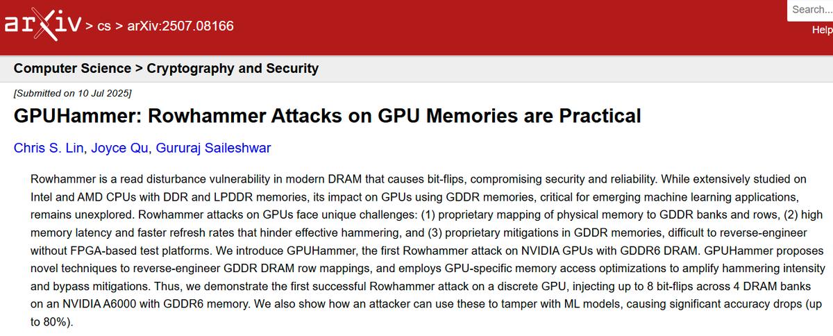 kirill_igum's tweet photo. A new #GPUattack, #GPUHammer, can poison shared #GPUs. By running a special PyTorch script on shared hardware, an attacker can flip the most significant bit (MSB) of an exponent in a victim's model, destroying its accuracy.
#CyberSecurity #HardwareSecurity #AIsecurity #AIsafety https://t.co/qcER1rUSEV