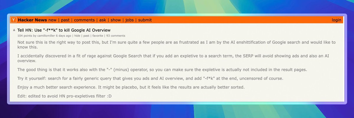 Haijinbei6's tweet image. Hate Google ads and AI crap? 😂

Saw this trick on X: add an f-word at the end of your search, then -f-word to hide it.

Ads + AI vanish. 

Haven’t tried it yet

Report back if it works! 😅

#GoogleSearch #SearchTips #AdFree #LifeHack #AI