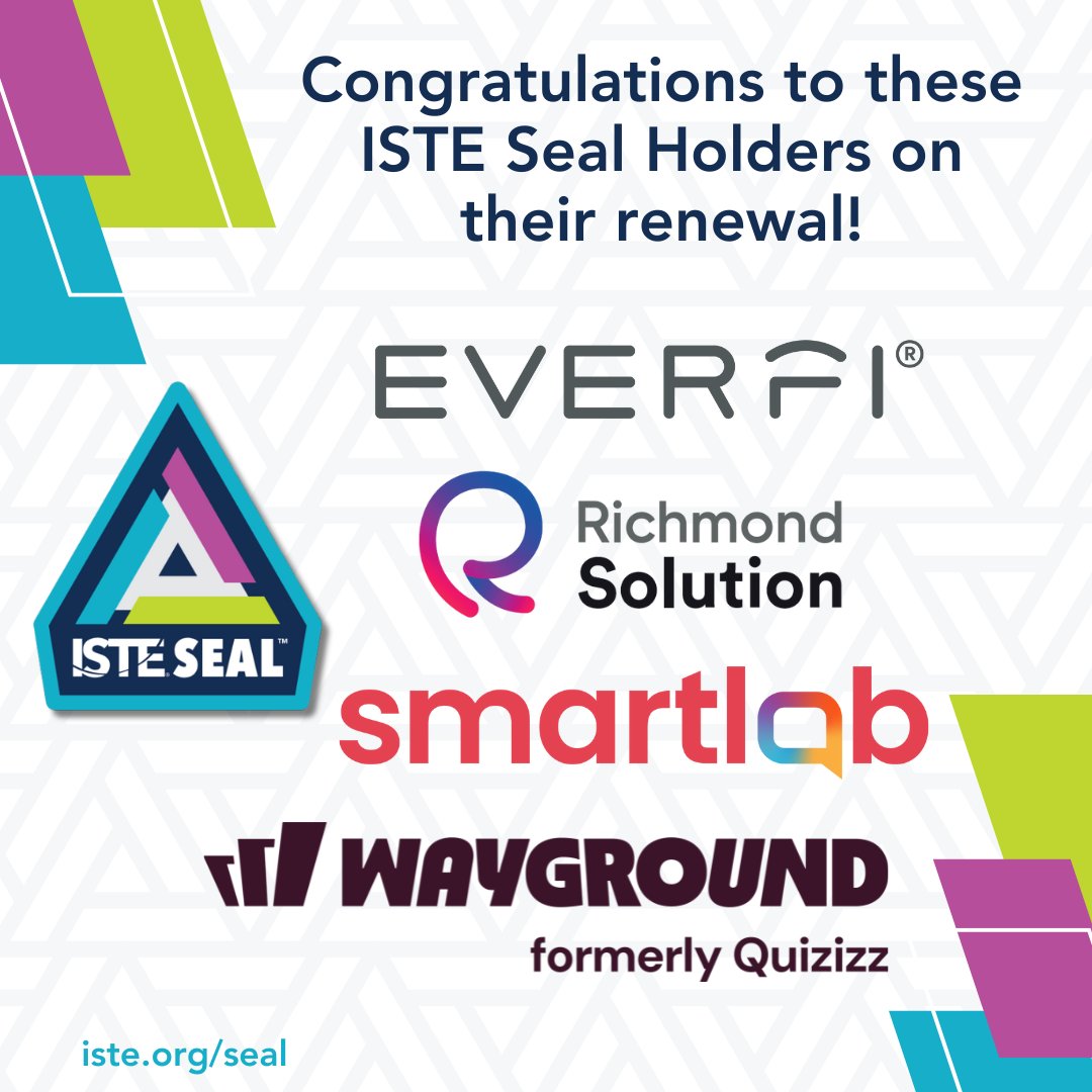 ISTEofficial's tweet image. 🎉 Congrats to @SmartLab_tweets, Richmond Solution, @EVERFI &amp;amp; @waygroundai (formerly Quizizz) on renewing their ISTE Seal!
A trusted signal of research-backed, high-quality edtech that supports meaningful learning.
👉 Learn more: hubs.li/Q03HCrl90
#ISTESeal #EdTech