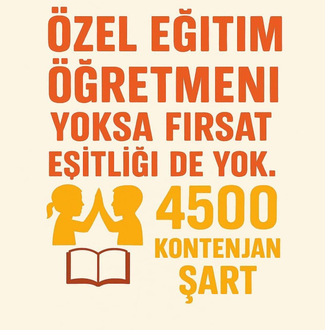 Özel eğitimde nitelikli öğretmen ataması, eğitimde kalite ve fırsat eşitliği için vazgeçilmezdir. Ücretli ve alan dışı görevlendirmeler kalıcı çözüm olamaz. 4.500 atama acil bir ihtiyaçtır. 
#OzelEgitimde4500Elzem