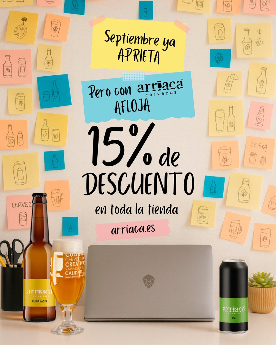 ⌛🍻 Te gusta hacerte esperar. Pero aún estás a tiempo para disfrutar del 15% de DESCUENTO en todos los productos y packs de la tienda online de cervezas Arriaca

👉 Utiliza el código SEPTIEMBRE2025
Aquí: arriaca.es/cervezas-artes… 🛒

#Arriaca #cervezaArriaca