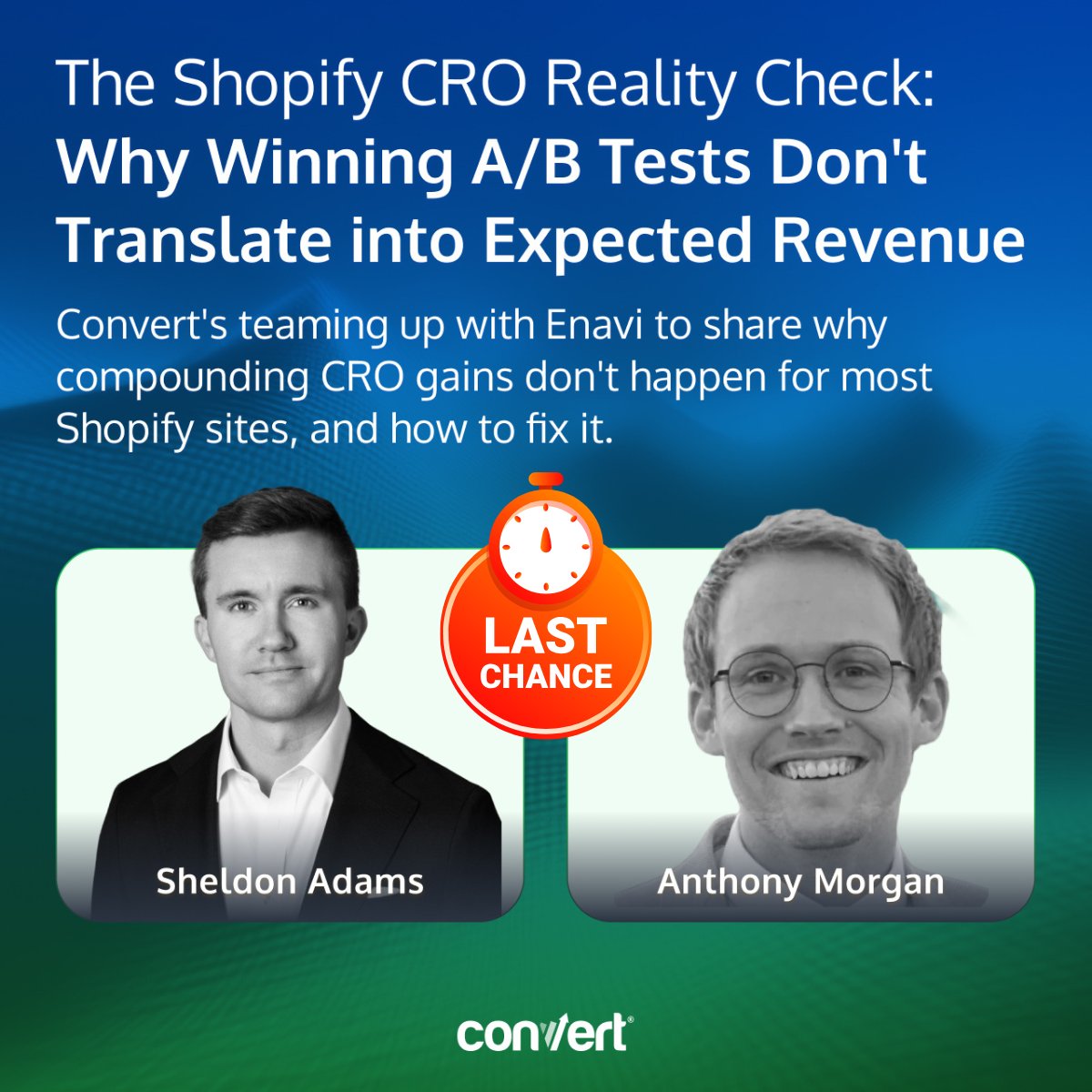 Convert's tweet image. Tests win. But your Ecom store just doesn't grow!
Why??
Tomorrow you get all the answers.
Tomorrow, Enavi and Convert.com will take on a hard truth:
In just 45 minutes, you’ll see why compounding gains never materialize, how to calculate revenue impact with…