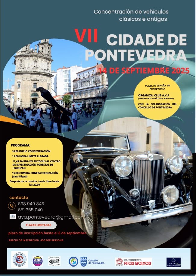 FEVA_1993's tweet photo. AGENDA FEVA 14.09.25
Pontevedra
VII Concentración de vehículos Clásicos e antigos “CIDADE DE PONTEVEDRA”
Fecha: 14 de septiembre
Organiza: 
Club AVA (Amigos dos Vehículos Antigos de Pontevedra)
Web: 
https://t.co/rkDt45Rkr6

TEXTO Y FOTOS: AGENDA WEB FEVA https://t.co/E2lxnD6cGx