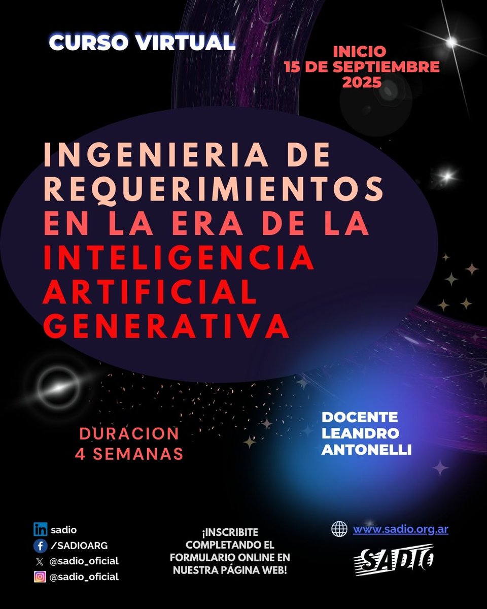 jaiio_oficial's tweet image. 👉 Ingeniería de Requerimientos en la era de la inteligencia artificial generativa
📅 15 de Septiembre de 2025
--- ¡¡ULTIMOS DIAS!! ---
Dictado por Leandro Antonelli
Info en academia.sadio.org.ar
O escribí a informacion@sadio.org.ar
Agradecemos su difusión!