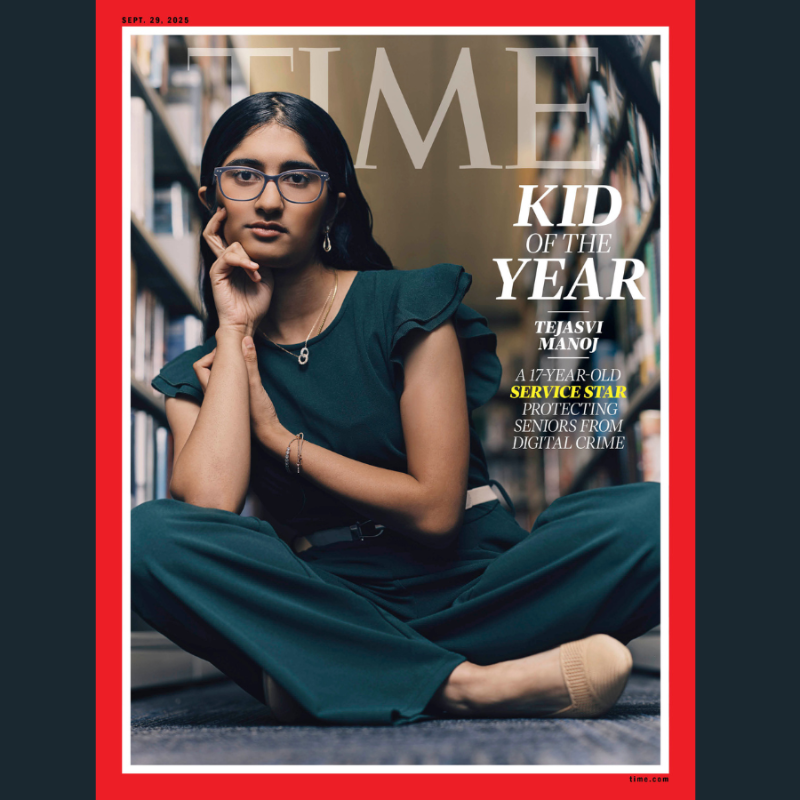 TIME's tweet photo. TIME's new cover: Our 2025 Kid of the Year is 17-year-old Tejasvi Manoj, who is working to help seniors identify, report, and protect themselves against online scams.

Photograph by Zerb Mellish for TIME  

Made possible by The Allstate Foundation