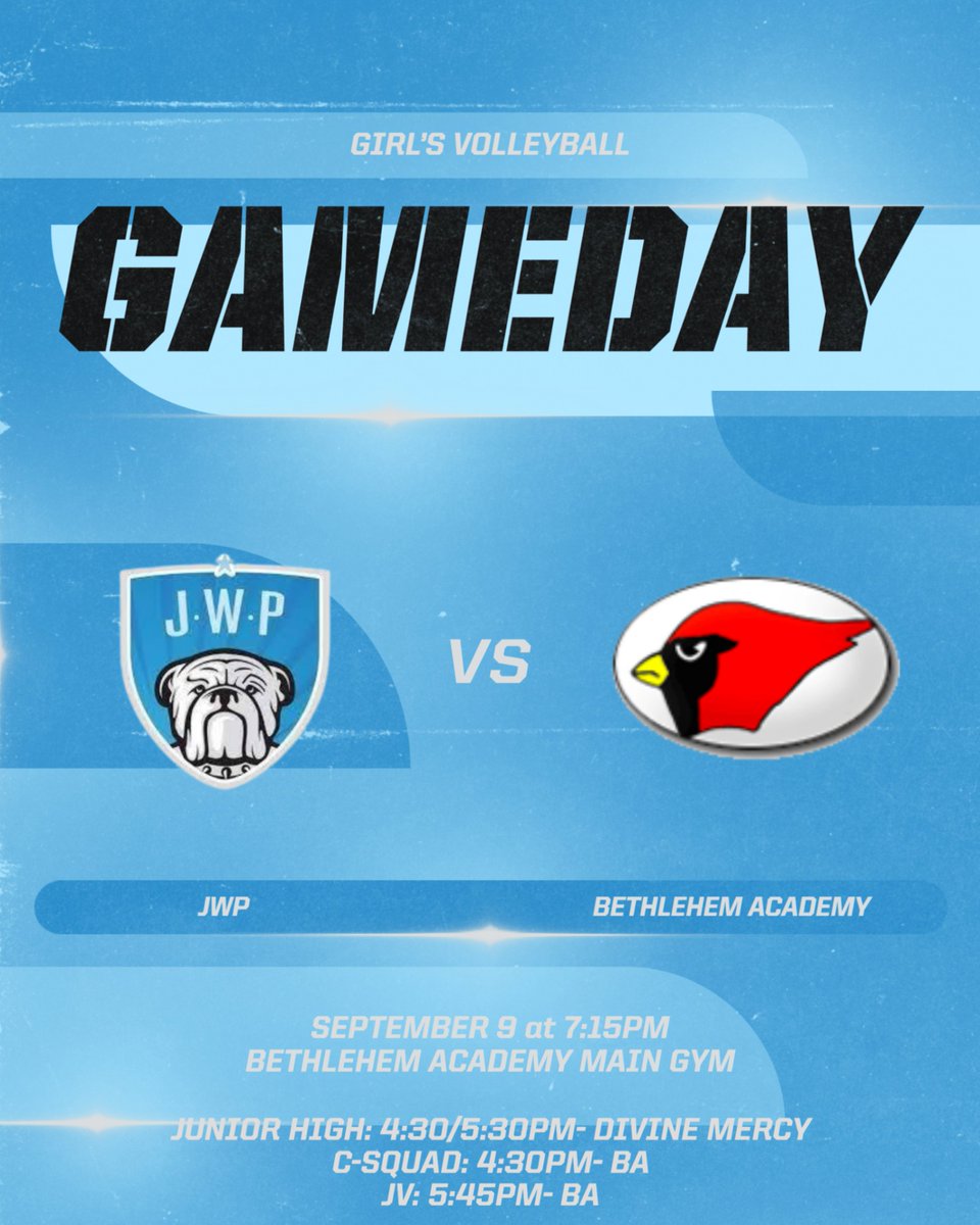 🏐 AWAY GAME DAY 🏐  

JWP BULLDOGS vs. BA CARDINALS
📍 BETHLEHEM ACADEMY | ⏰ 7:15PM

🎟 Tickets: gofan.co/app/school/MN1…

📺 Stream: nfhsnetwork.com

JH Volleyball @ Divine Mercy Catholic Church Gym