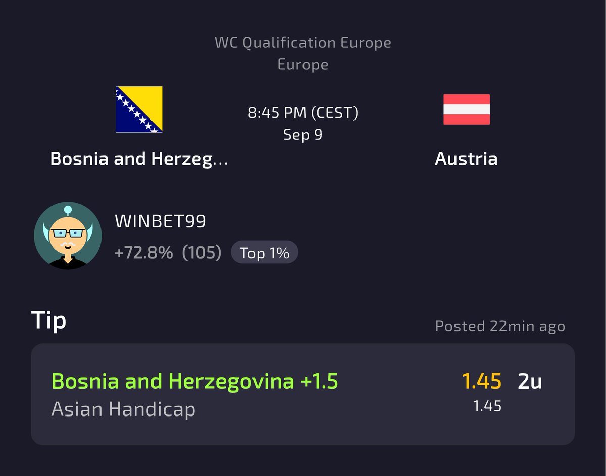 ⚽ 🇧🇦 Bosnia and Herzegovina vs. 🇦🇹 Austria ⚽

"The hosts have lost only one of their last six games, and none of these six matches by a margin of more than one goal. They seem to be on the rise, after many disappointing years. They top the group standings with 4/4 wins and a
