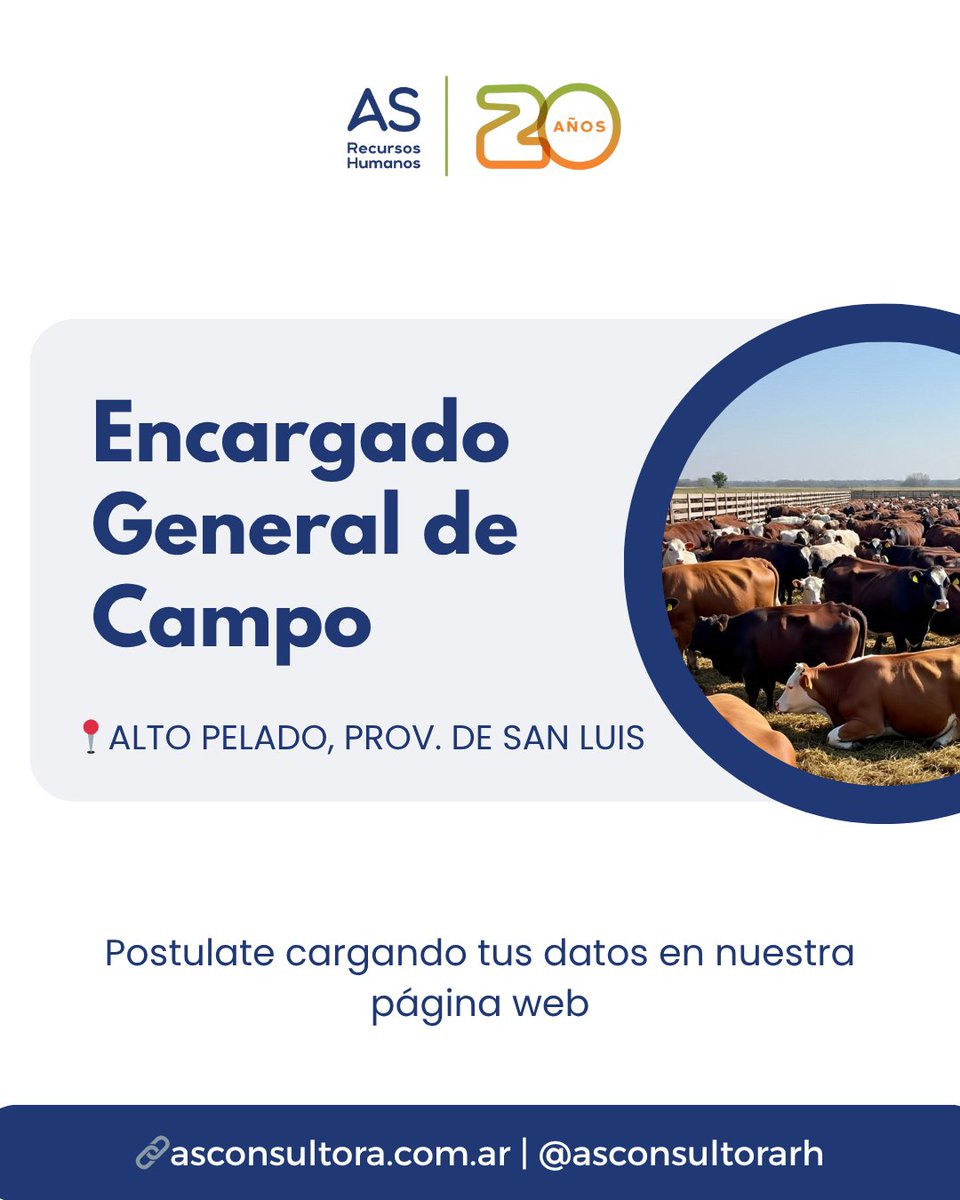 📣 Encargado General de Campo
📍Alto Pelado, Prov. de San Luis.

👉🏼Seleccionaremos encargado para importante estancia entre Villa Mercedes y San Luis.

⤵ Postúlate cargado tus datos
asconsultora.hiringroom.com/jobs/get_vacan…
