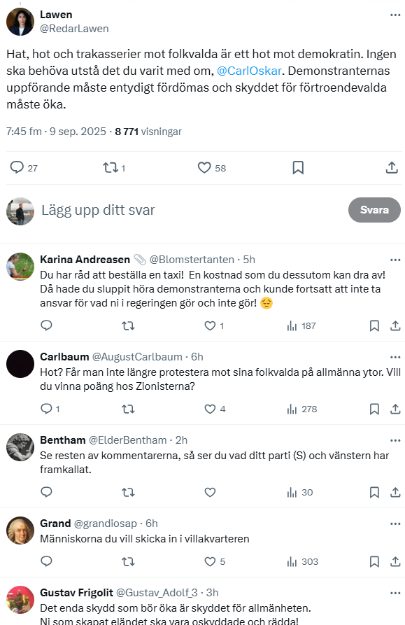 Nej, jag vill inte höra ett ord från Kristersson om någons svans. Så här ser det ut så fort en kvinnlig politiker till vänster öppnar munnen på X. Det är INTE S eller V som har problem att konsekvent ta avstånd från hotfullt och hatiskt beteende - det har bara högern.