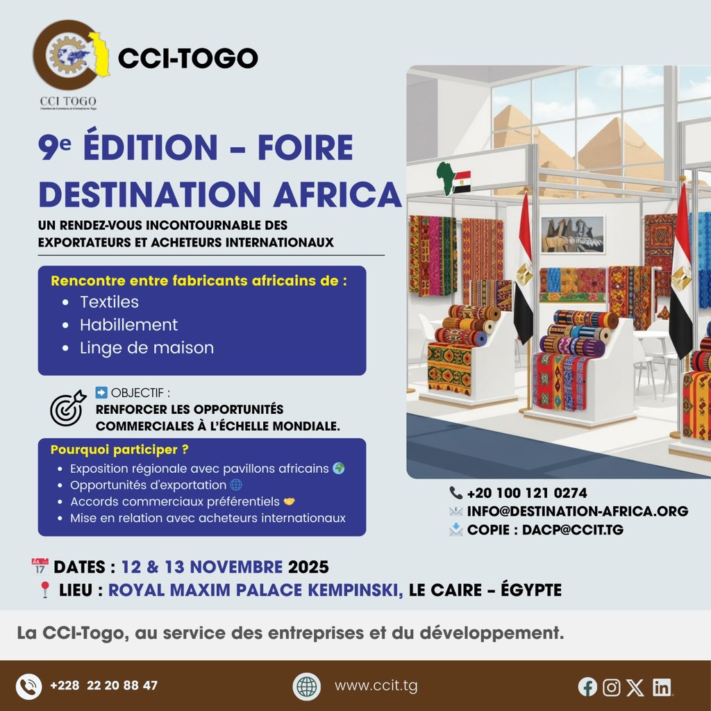 officielccitogo's tweet photo. #FoireDestinationAfrica
#CCIToGo
#ExportationAfricaine
#TextileAfricain
#ModeAfricaine
#LingeDeMaison
#CommerceInternational
#OpportunitésDAffaires
#LeCaire2025
#NetworkingAfrique
#IndustrieTextile
#AcheteursInternationaux
#AfriqueExport https://t.co/kewzzg29SG