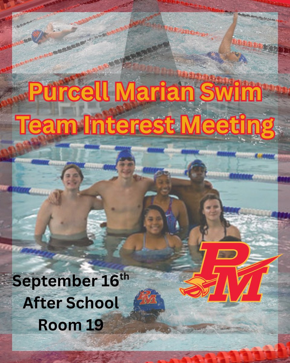 Interested in joining the Purcell Marian swim team? Our interest meeting is one week away! This meeting is for returning swimmers &amp; new swimmers. We’d love to welcome you to our AquaCav Family! #purcellmarian