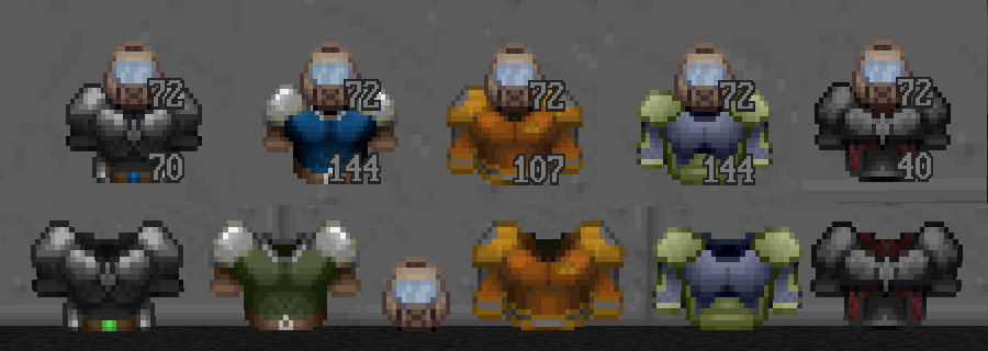 GreenSlog's tweet photo. Been making a bunch of new armour sprites. 1st image is the set for ID Doom, 2nd image is the set for FreeDoom & Lotan's Tomb.
#HideousDestructor #pixelart https://t.co/oUeG0mQJqo