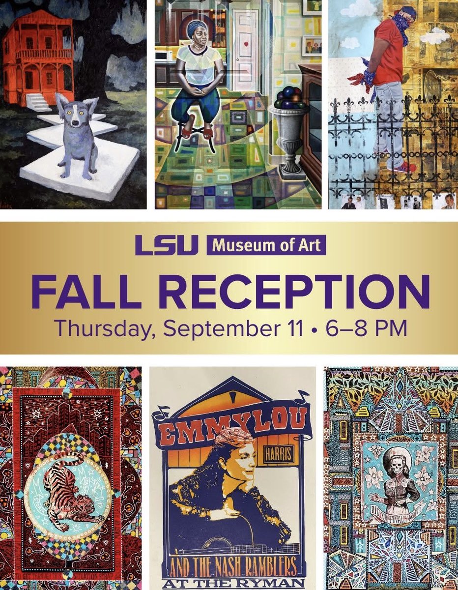 lsumoa's tweet photo. 🎉 𝗙𝗥𝗘𝗘 𝗙𝗔𝗟𝗟 𝗥𝗘𝗖𝗘𝗣𝗧𝗜𝗢𝗡 🎉 Join us this Thursday, September 11 from 6–8 PM as we celebrate our fall exhibitions 'Carved &amp; Crafted: The Art of Letterpress' and 'A Bayou State of Mind.' Free to attend and open to the public. https://t.co/yMqDfKNn34