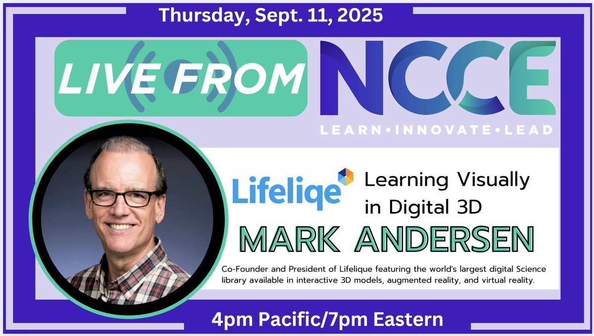 TammyDunbar's tweet image. Join #LiveFromNCCE this Thursday, 9/11, featuring Digital Learning Guru @MarkAndersen from @Lifeliqe!! Join us 4pm Pacific/7pm Eastern - click here to join! NCCE.link/live  #IAmNCCE #BestFreeEdTechPD from @NCCE_EdTech !! #IAmNCCE