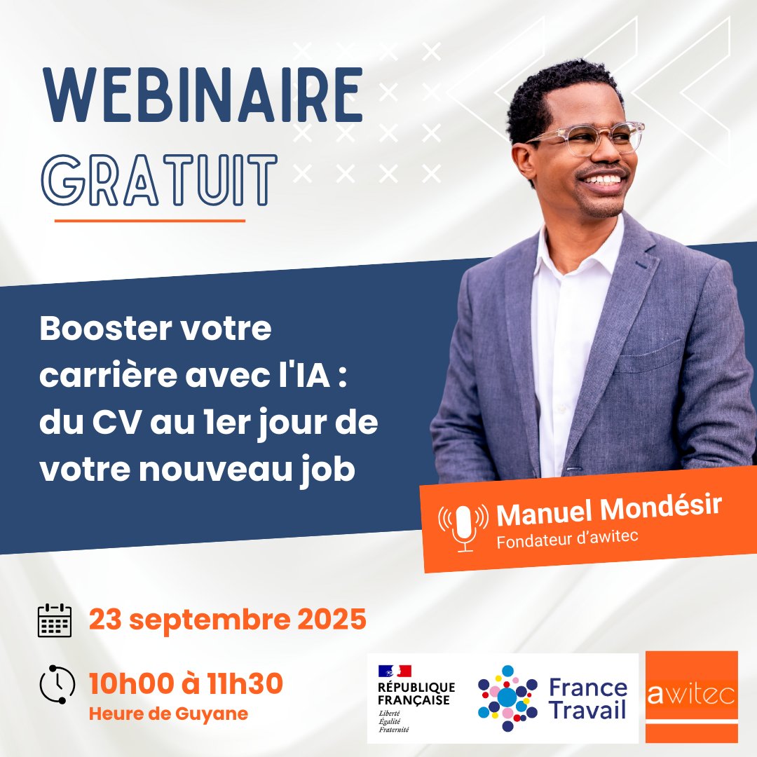 🚀 Découvrez comment l’#IA peut booster votre recherche d’emploi !

📅 Mardi 23 septembre 2025 – 10h (heure Guyane)
💻 Webinaire 100 % en ligne (1h30)
🔗 Inscription : my.demio.com/ref/6XZeEJNVF1…

Replay disponible pour les inscrits ✨

#Emploi #Guyane #IA