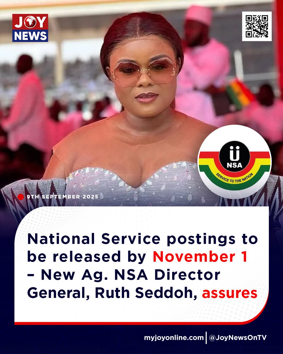 JoyNewsOnTV's tweet photo. National Service postings to be released by November 1 – New Ag. NSA Director General, Ruth Seddoh, assures

#JoyNews https://t.co/4AUM139sJb