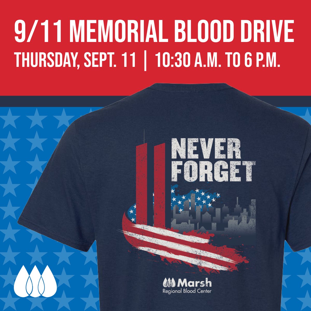 🩸 Honor and remember on Thursday, September 11 by donating blood.

🧡Bristol
❤️Kingsport
💙Johnson City

🚐 Mobile Drives:
⭐Food City Wise
⭐Food City Big Stone Gap

All locations will be open 10:30 a.m. to 6:00 p.m.

👕 Donate and earn an exclusive T-shirt
🚶 Walk-ins welcome.