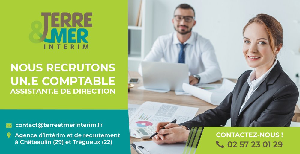 URGENT
📢 OFFRE D'EMPLOI
Nous recrutons un #COMPTABLE / ASSISTANT DE DIRECTION (H/F) à #Châteaulin (29)
MISSION LONGUE DURÉE
 
Contactez-nous au 02 57 23 01 29 et envoyez votre CV à contact@terreetmerinterim.fr  ou annonces-interim.bzh/terre--mer-int…

#Recrutement #assistantdedirection