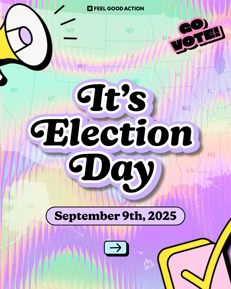 FeelGoodAction's tweet image. Today is Election Day! 🗳️

Elections are happening today in: CO, FL, IA, MA, MT, NC, NE, OH, OK, SC &amp;amp; VA.

✅ Check your polling place
👯 Bring a friend
💜 Vote your values

Get #VoteReady at feelgoodaction.org!

#ElectionDay #FeelGoodAction #LocalElections