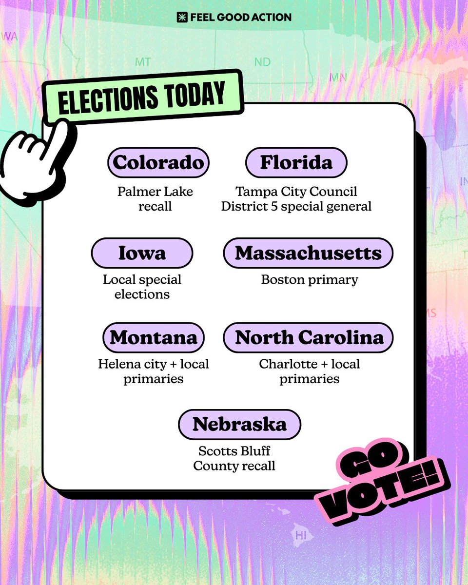 FeelGoodAction's tweet image. Today is Election Day! 🗳️

Elections are happening today in: CO, FL, IA, MA, MT, NC, NE, OH, OK, SC &amp;amp; VA.

✅ Check your polling place
👯 Bring a friend
💜 Vote your values

Get #VoteReady at feelgoodaction.org!

#ElectionDay #FeelGoodAction #LocalElections