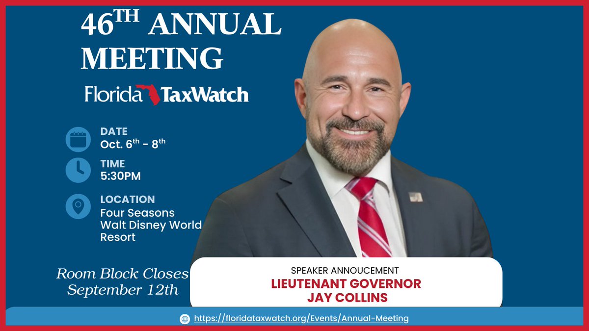 The 46th Annual Meeting is approaching! Join us &amp; Lt. Gov. <a href="/JayCollinsFL/">Jay Collins</a> at the Four Seasons Walt Disney World Resort. Connect w/ FL’s top business &amp; legislative leaders to gain key insights on trends shaping FL.

Register: floridataxwatch.org/Events/Annual-…
Resort: shorturl.at/NEiqb