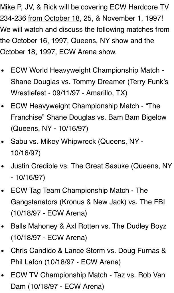 ExtremeCast's tweet image. Now Available!!
Extreme ECW Live Cast- Hardcore TV 234-236: Oct 18, 25, & Nov 1, 1997
Available exclusively on the @BTT_Podcast $5 Patreon tier!
Check out the free feed wherever you get your podcasts!
Patreon.com/bookingtheterr…
Hosts: @MPRU83 @JohnVanDamage @LeoWyatt85