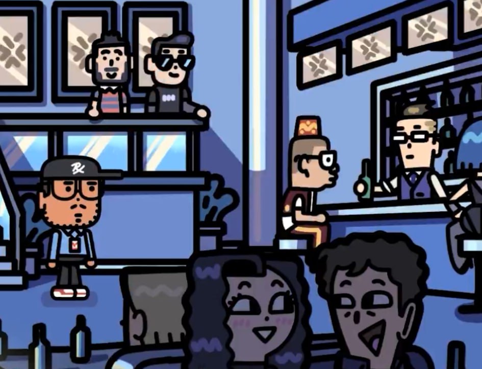 the most iconic frame tbh, yinsu and boaster in the foreground, benkai turkish ice cream man, bartender chamber