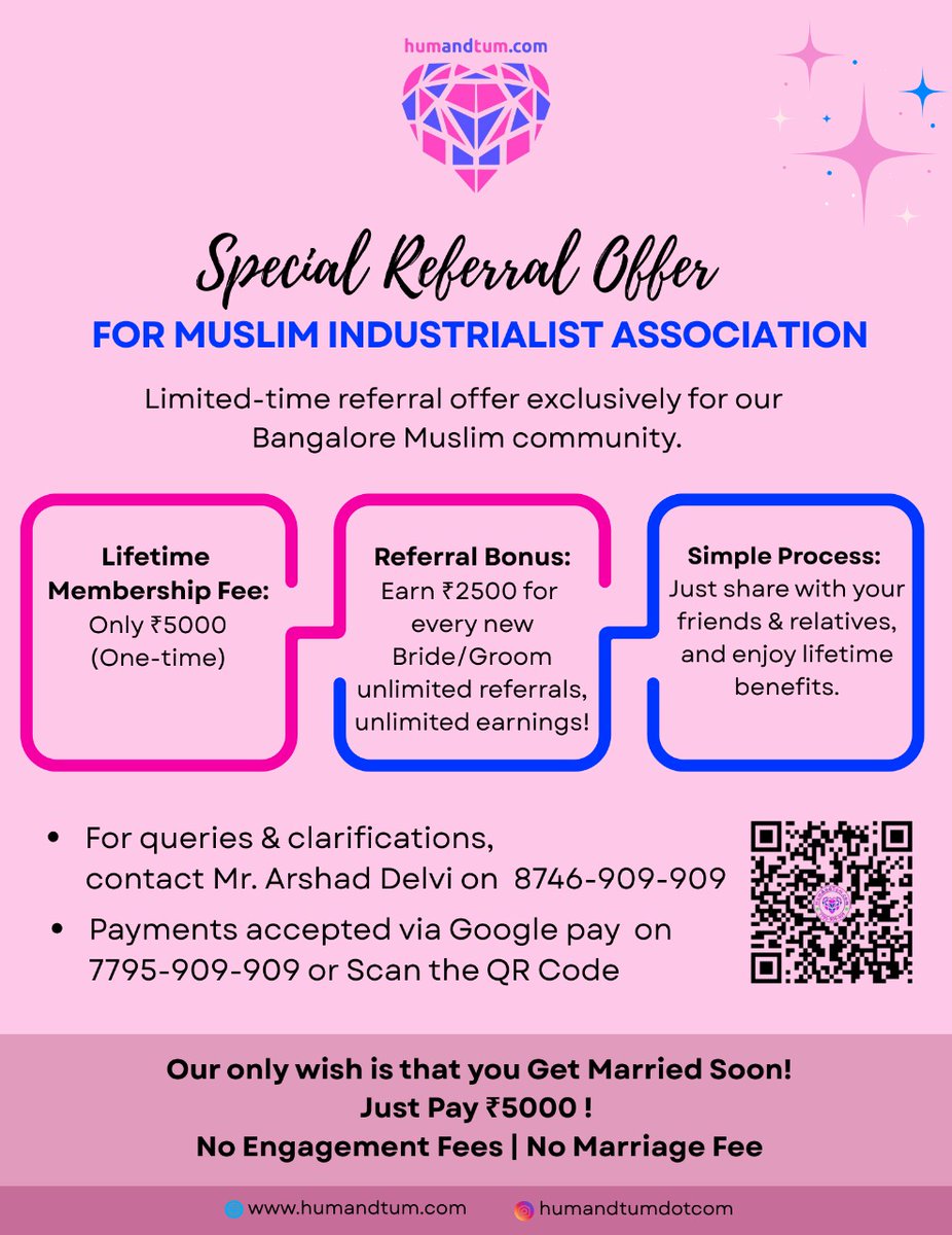Humandtumdotcom's tweet photo. Special Offer for Muslim Entrepreneurs in Bengaluru!

Join Hum &amp; Tum Matrimony – No.1 in Bengaluru &amp; Top 22 in India – and unlock lifetime membership for just ₹5000!
💰 Refer your friends &amp; earn ₹2500 per referral – unlimited rewards!

#HumTumMatrimony #MIA #MulakatEKarobar https://t.co/AdmZRntOgh