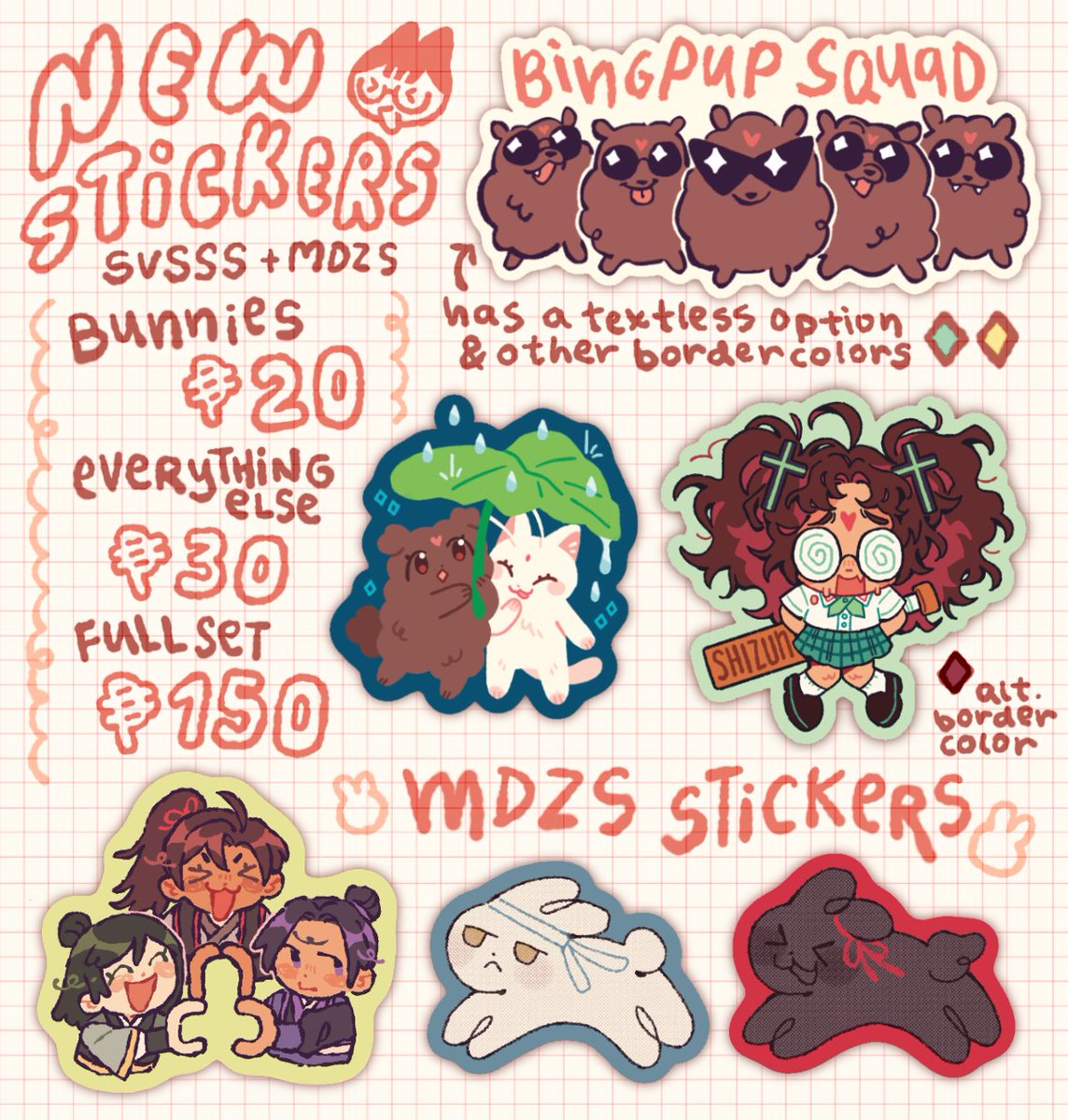 also also!!!! a couple new sticker designs hehe!!!!! these and my previous designs + cse leftovers are up for sale and available for pick up during the cse only

(1/2)

#svsss #mdzs