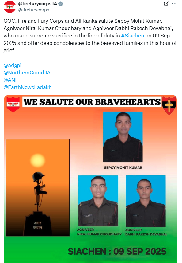 Sepoy Mohit Kumar, Agniveer Niraj Kumar Choudhary and Agniveer Dabhi Rakesh Devabhai made a supreme sacrifice in the line of duty in Siachen on 9th September: Fire and Fury Corps, Indian Army