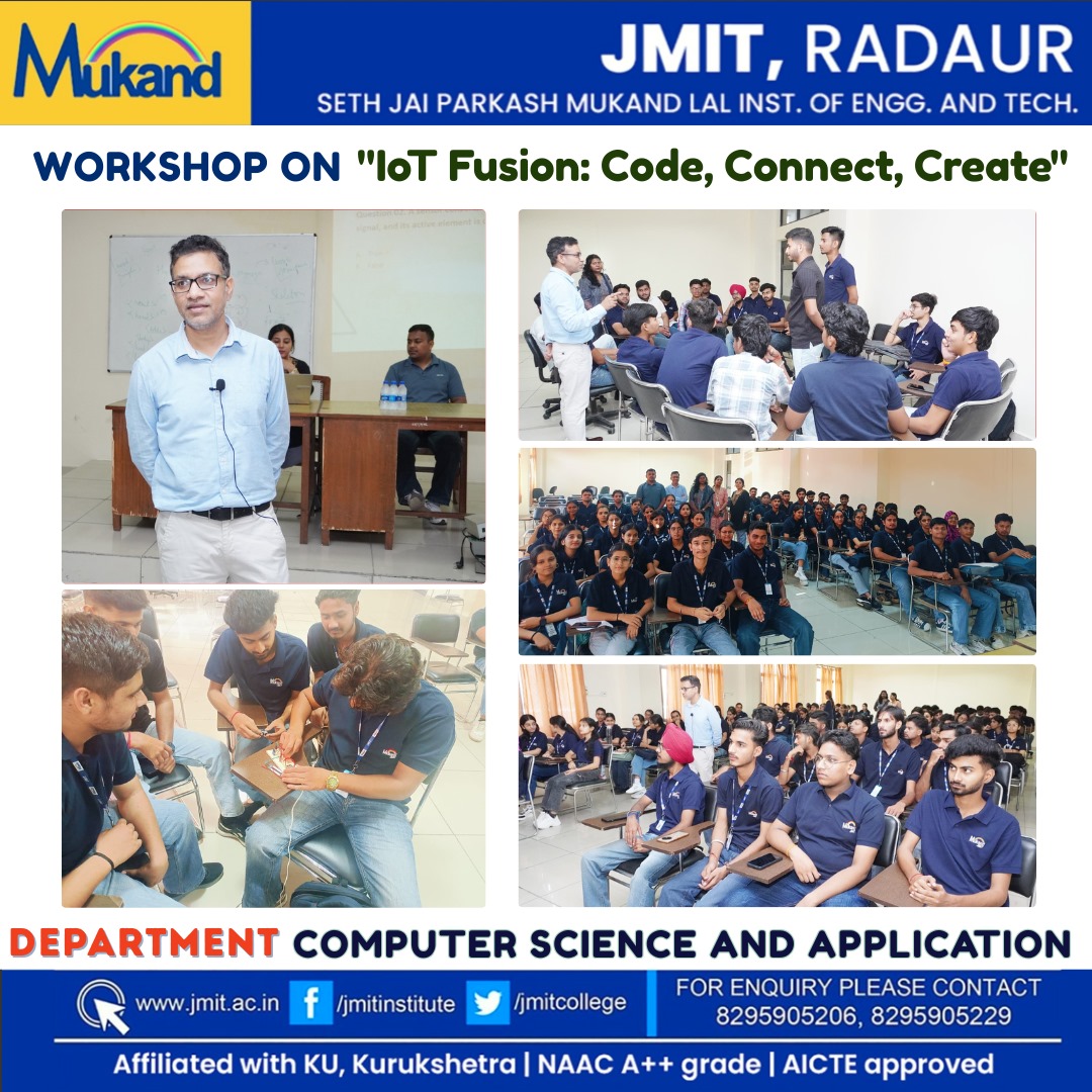 JmitCollege's tweet image. IoT Fusion Workshop: Code, Connect, Create | Department of Computer Science &amp;amp; Application, JMIT Radaur

#iot #iotworkshop #computerscience #studentskilldevelopment #futuretech #handsonlearning #engineeringstudents #innovationhub #campuslife #practicallearning #jmit #jmitradaur