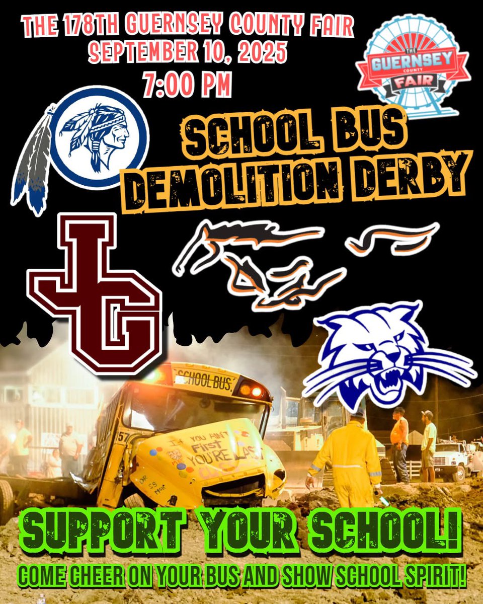 Tomorrow night’s the night! Head to the Guernsey County Fair and cheer on East Guernsey’s own Lee Campbell in the School Bus Demolition Derby! Let’s show some school spirit!