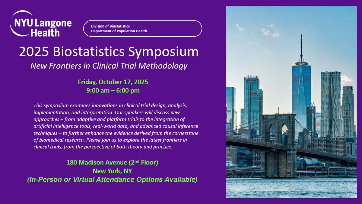 📢 We are excited for the 2025 #Biostatistics Symposium: New Frontiers in Clinical Trial Methodology on 10/17! Join us for a full day of discussions on cutting-edge innovations in clinical trial design, analysis, and implementation! tinyurl.com/5727vav7 #Biostatistics