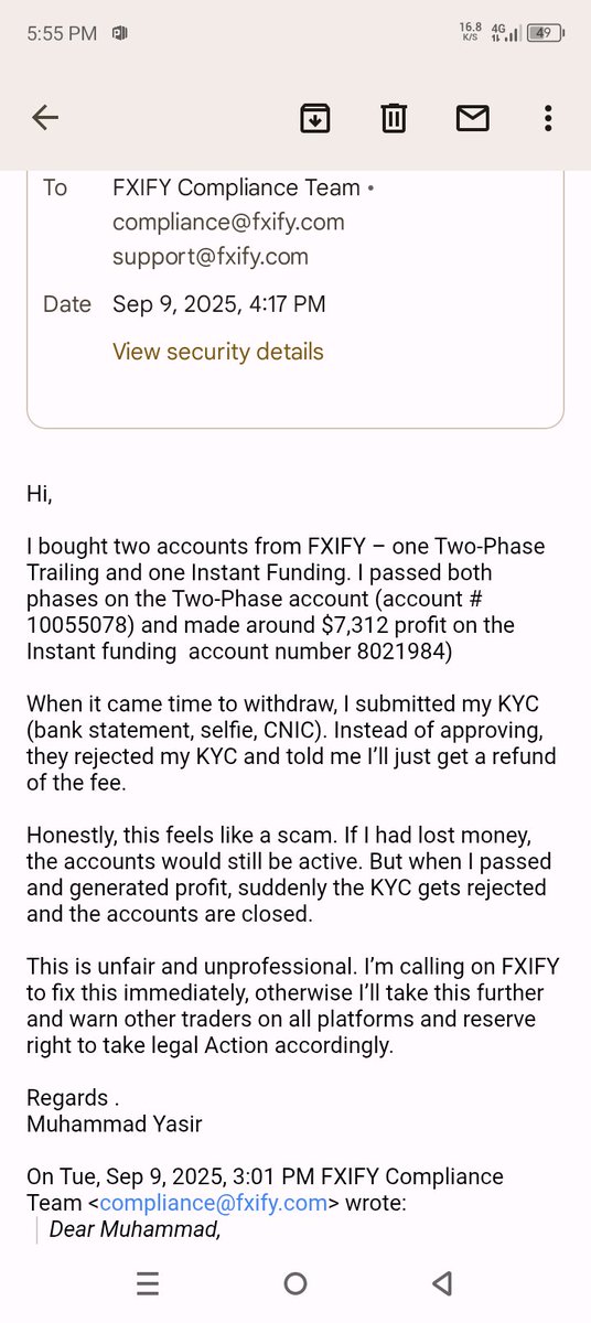 YasirButtfx's tweet image. Bought 2 accounts from FXIFY. Two step Trailing &amp;amp; Instant Funding . I made $7,312 profit. When I requested payout, they rejected my KYC and only offered fee refund.

Feels like a scam – Unfair &amp;amp; unprofessional. Fix this or I’ll escalate.
@PropFirmMedia 
@FxTrustedProps 
@fxifycom