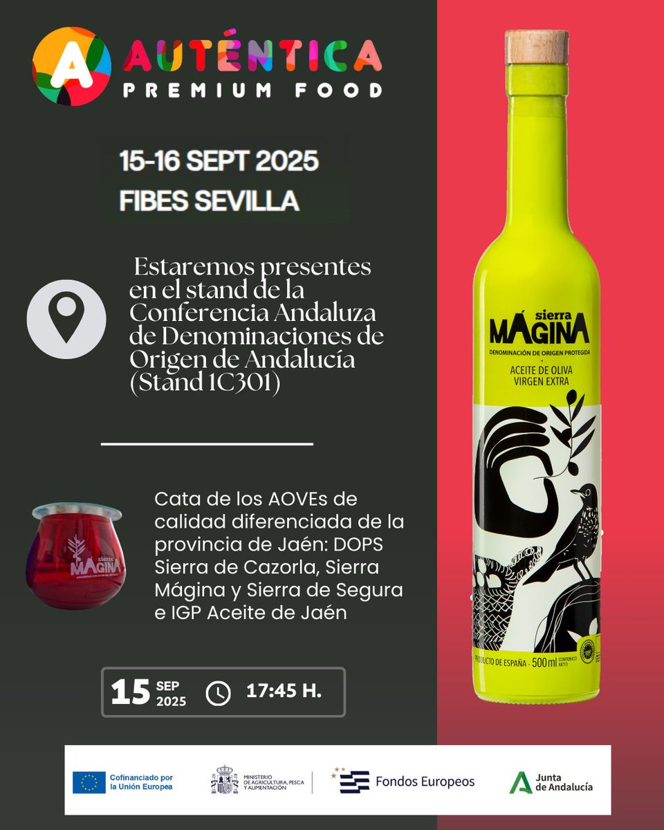 ¡La próxima semana estaremos en Auténtica Premium Food! 
🗓️ 15-16 de septiembre
📍 Fibes Sevilla
➡️Nos encontraréis con las Denominaciones de Origen y las IGP de Andalucía.
➡️Además, celebraremos una Cata de los AOVEs de calidad diferenciada de la provincia de Jaén
¡Os esperamos!