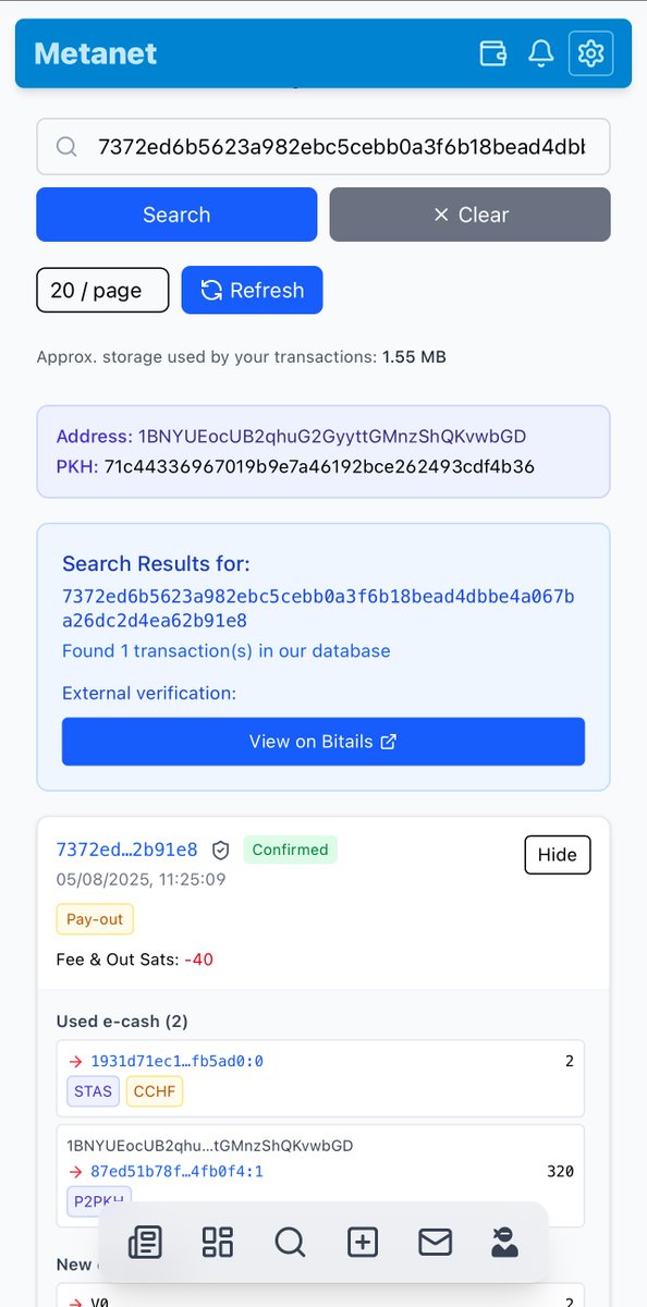 MetanetPlatform's tweet image. We deliver one our promises 🥰
New unified $BSV Transaction UX. Also submissions open for apps. This is a major upgrade. We now index all e-cash and we provide more insightful UI 🤩
Thankful always to @BitailsAPI who has reliably served data since the beginning 🌟
-rt💕