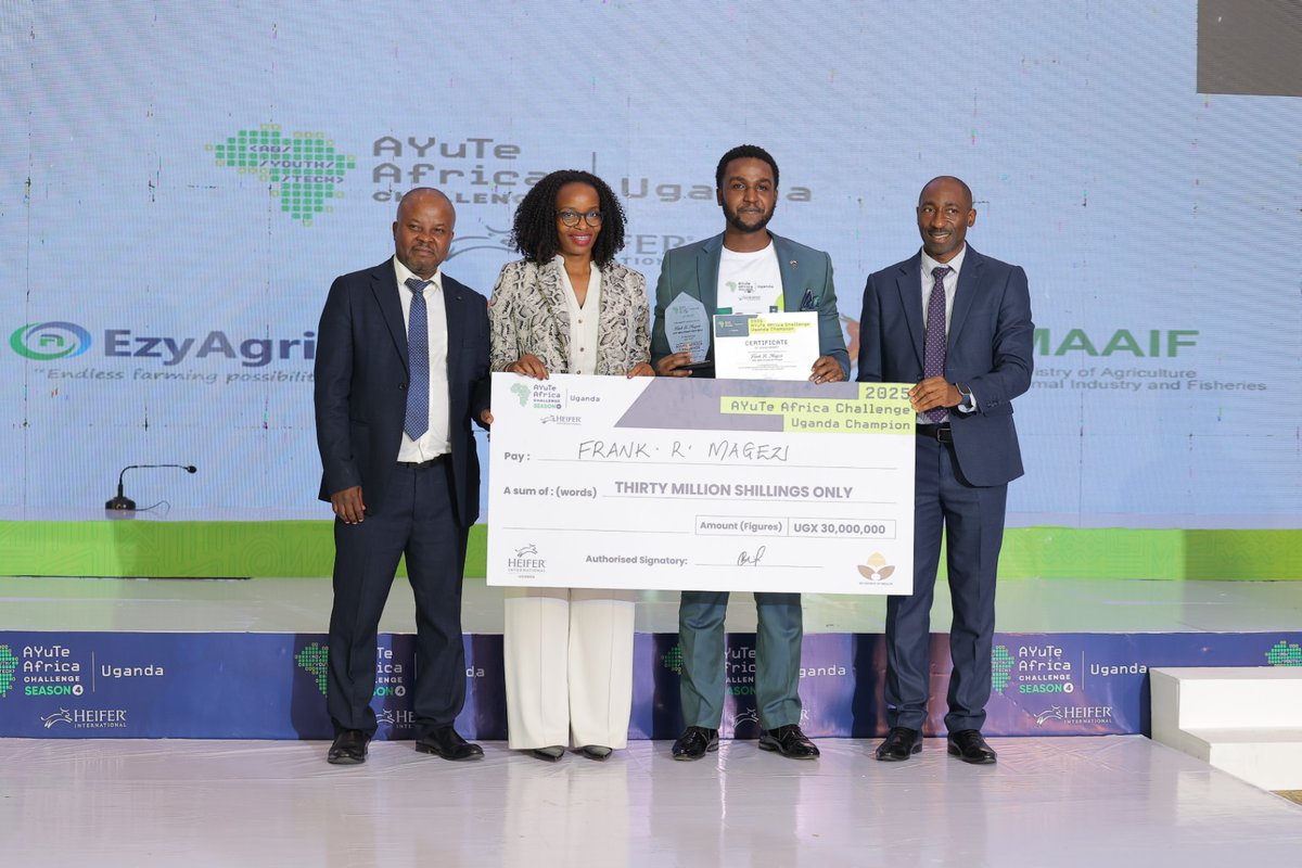 Heifer_Uganda's tweet photo. We congratulate Mr. Frank R. Magezi on his outstanding performance as 1st Runner-Up in the Agri-Tech category. His Afri-Milk Check Kit Project represents innovative solutions in dairy quality assurance. This demonstrates the vital role of technology in ensuring food safety and quality in agricultural production. 
#AYuTeUG25 #TechItThere #AgriTech